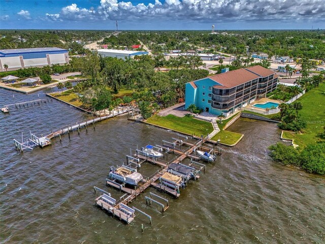 bird's eye view with a water view