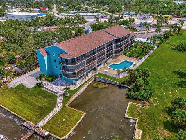 aerial view featuring a water view