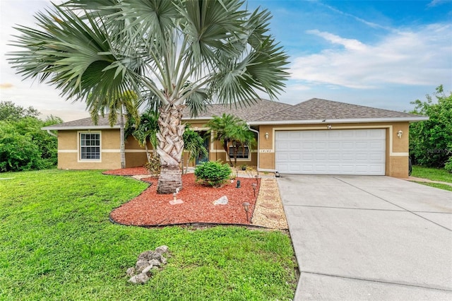 ranch-style house with a front lawn and a garage