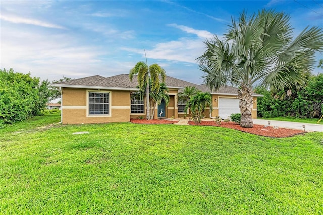 single story home with a front lawn and a garage