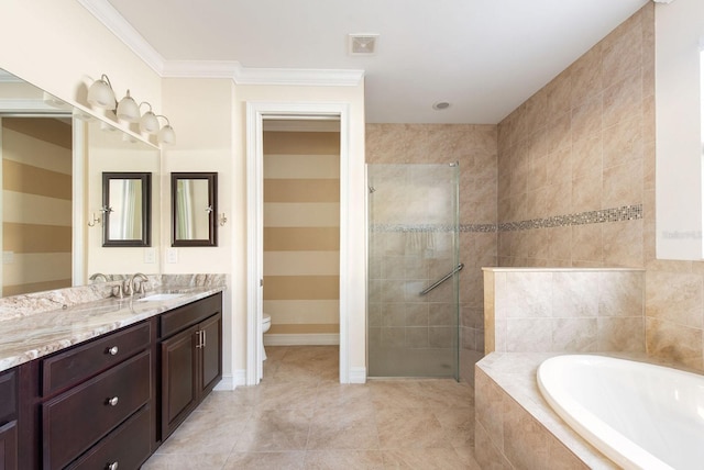 bathroom featuring crown molding, visible vents, vanity, tiled shower, and a bath