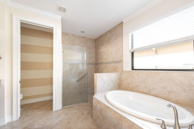 full bath with visible vents, toilet, a stall shower, a bath, and tile patterned floors