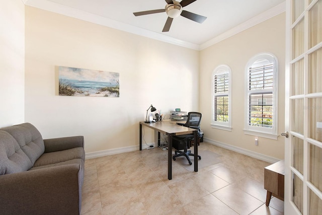 home office featuring french doors, light tile patterned floors, ornamental molding, ceiling fan, and baseboards