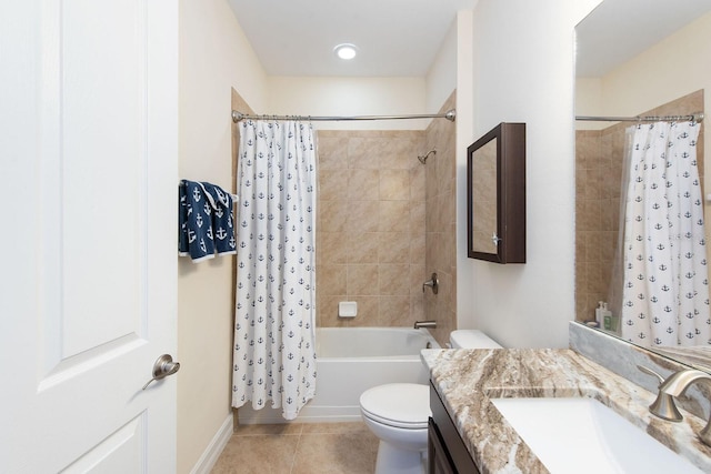 full bath featuring shower / tub combo with curtain, vanity, toilet, and tile patterned floors