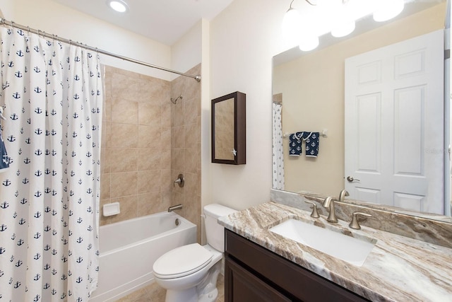 bathroom featuring shower / bathtub combination with curtain, vanity, and toilet