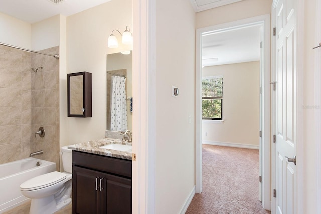 bathroom featuring visible vents, shower / bathtub combination with curtain, toilet, vanity, and baseboards