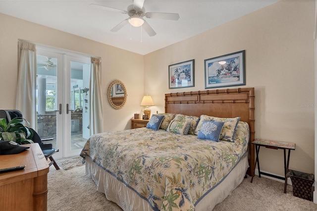 bedroom featuring light carpet, french doors, ceiling fan, and access to outside