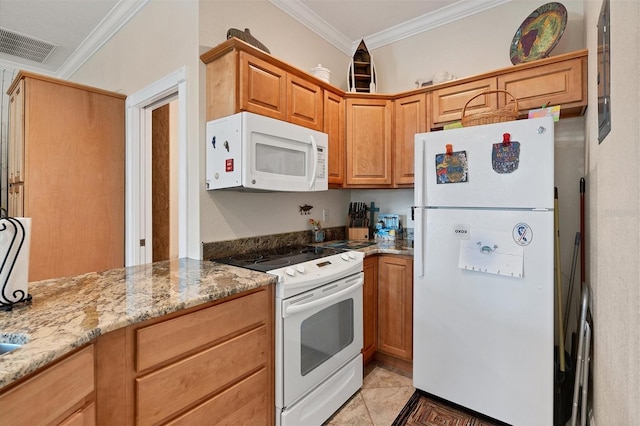 kitchen featuring light tile patterned floors, white appliances, crown molding, and light stone countertops