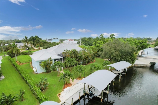 bird's eye view with a water view