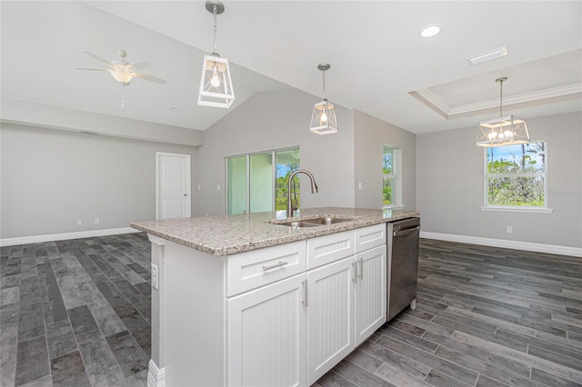 kitchen featuring a center island with sink, dark hardwood / wood-style floors, dishwasher, a tray ceiling, and sink