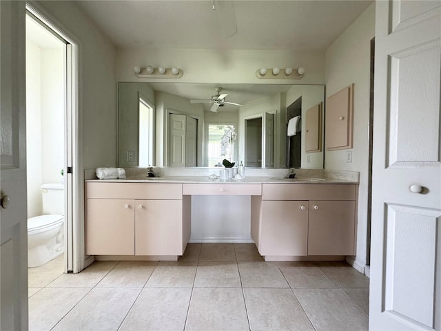 bathroom featuring tile patterned flooring, toilet, ceiling fan, and double vanity