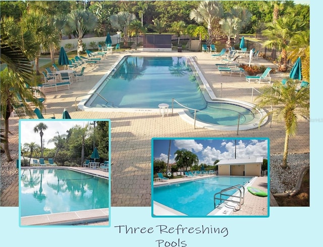 view of swimming pool featuring a patio area