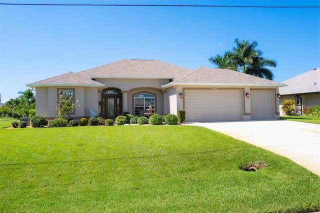 view of front of home featuring a front yard, driveway, an attached garage, and stucco siding