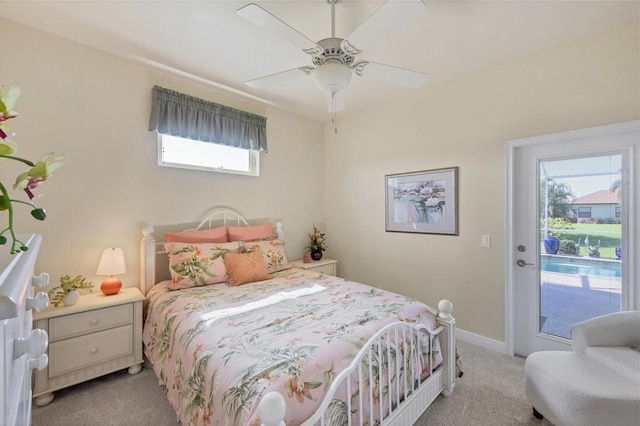 bedroom with access to exterior, light carpet, ceiling fan, and baseboards