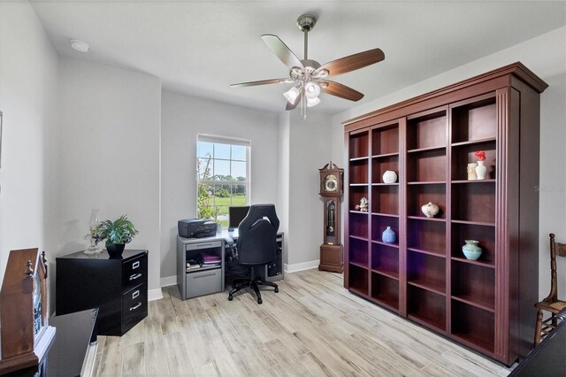 office area featuring ceiling fan and light wood-type flooring