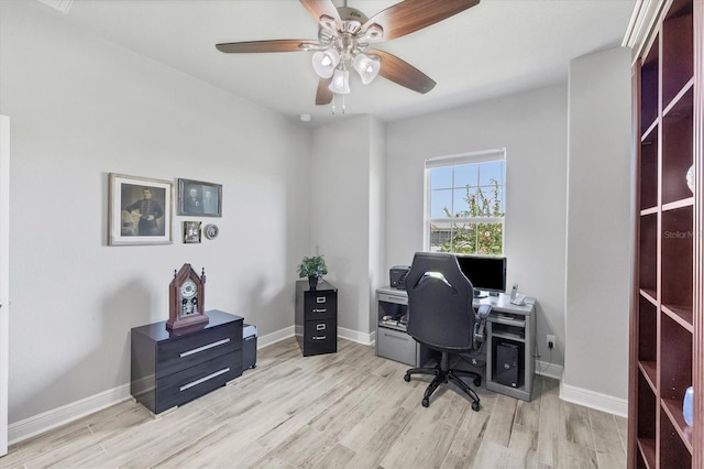 office space with ceiling fan, light wood-type flooring, and baseboards