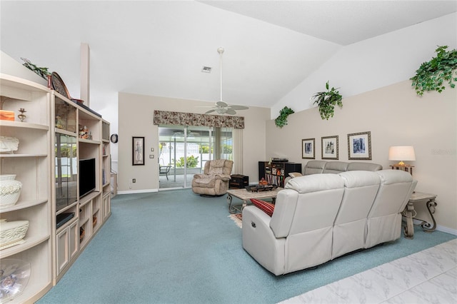 living room featuring ceiling fan, vaulted ceiling, and carpet