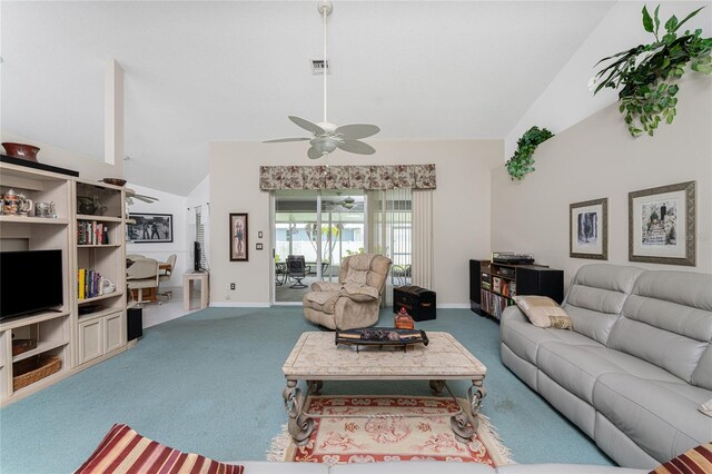 living room featuring carpet floors, high vaulted ceiling, and ceiling fan