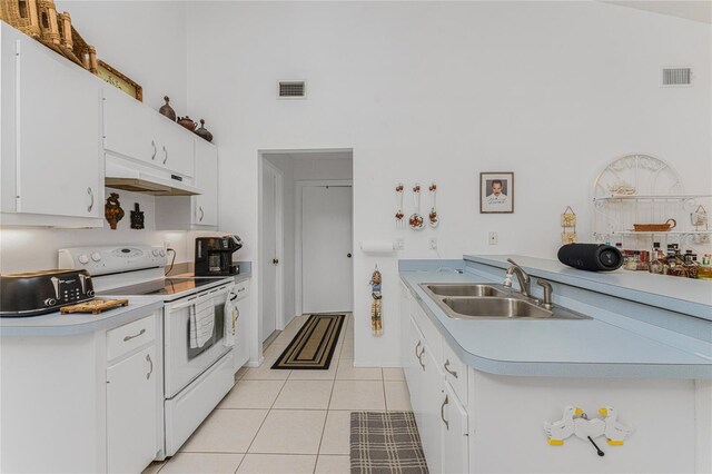 kitchen featuring high vaulted ceiling, white electric stove, white cabinetry, light tile patterned floors, and sink