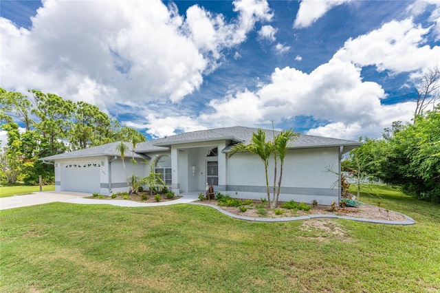 single story home featuring driveway, an attached garage, a front lawn, and stucco siding