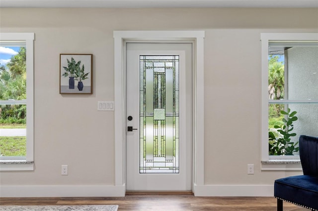 doorway to outside with wood-type flooring