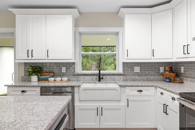 kitchen with white cabinets, backsplash, light stone countertops, and sink