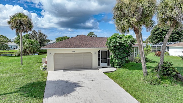 ranch-style house featuring a garage, concrete driveway, stucco siding, roof with shingles, and a front yard