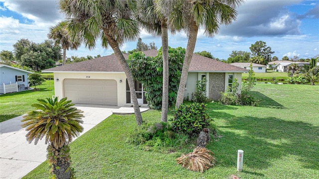 view of front of home featuring an attached garage, a shingled roof, concrete driveway, stucco siding, and a front yard