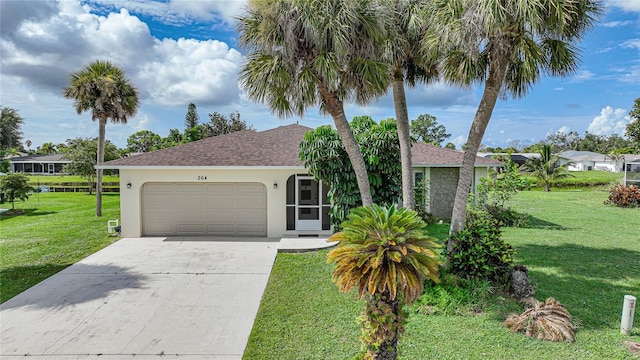 view of front of home with a front yard, concrete driveway, an attached garage, and stucco siding