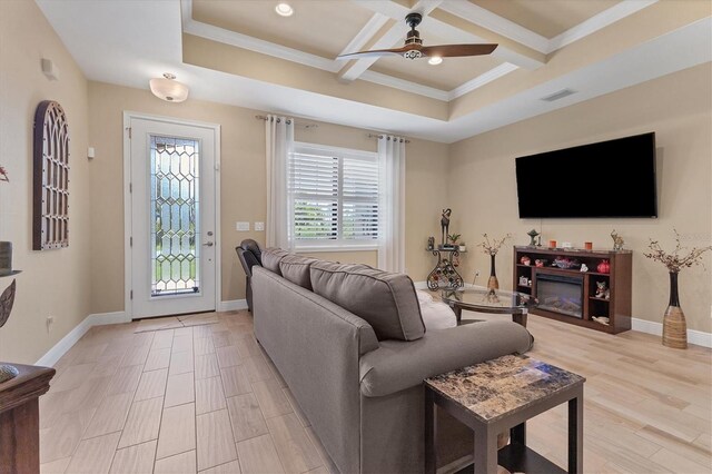 191 Brig Cir W, Placida, FL 33946 - living room with coffered ceiling, baseboards, visible vents, light wood-style floors, and ceiling fan