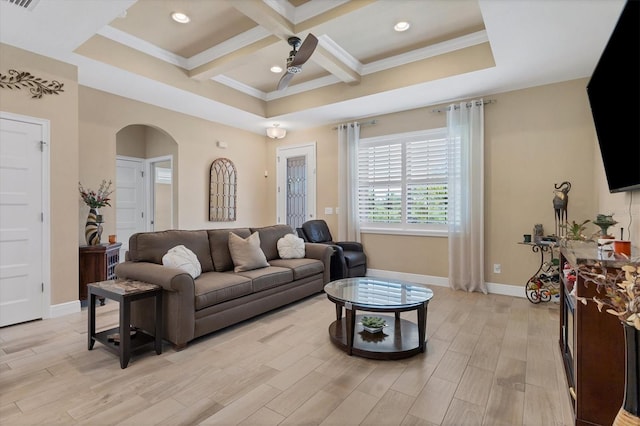 living room featuring light hardwood / wood-style flooring, crown molding, beam ceiling, ceiling fan, and coffered ceiling