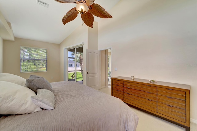 carpeted bedroom featuring ceiling fan, high vaulted ceiling, and access to exterior