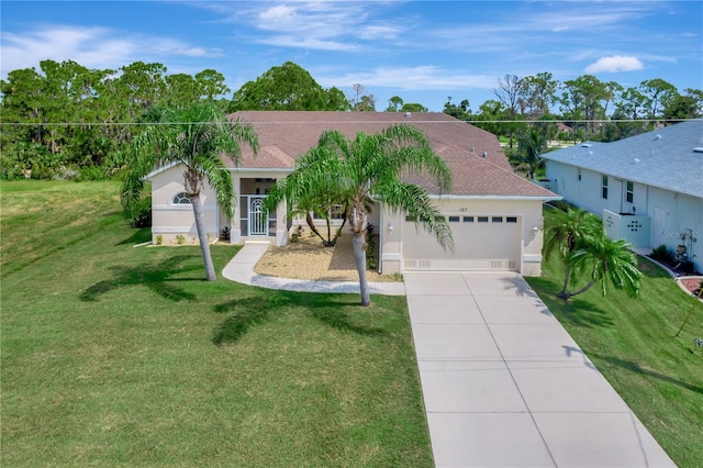 ranch-style home with a garage and a front yard