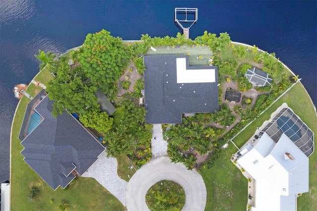 birds eye view of property featuring a water view