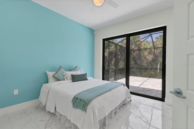 bedroom featuring marble finish floor, a ceiling fan, a sunroom, access to outside, and baseboards