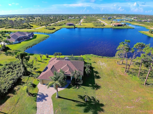 aerial view featuring a water view