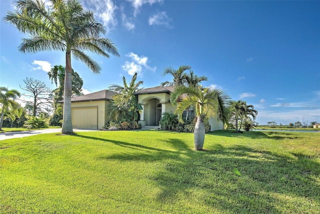 mediterranean / spanish-style house with a garage, a front yard, concrete driveway, and stucco siding