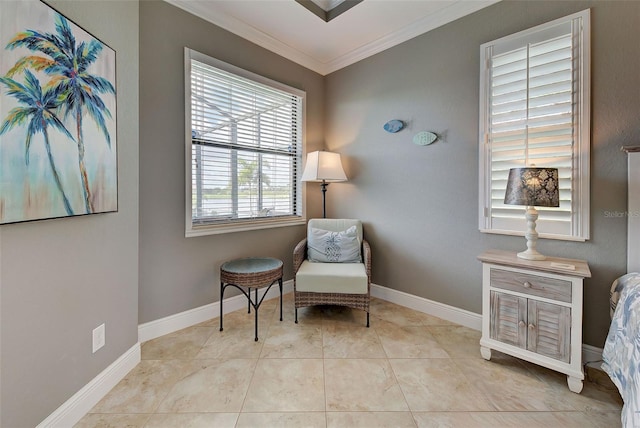 living area featuring light tile patterned floors, baseboards, and ornamental molding