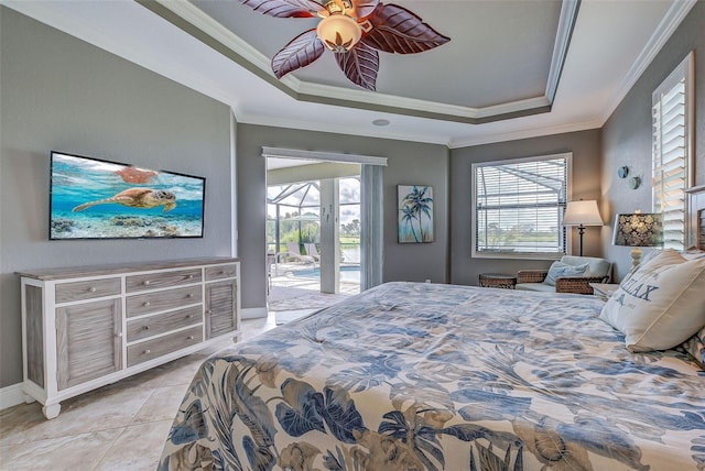 bedroom featuring light tile patterned floors, ceiling fan, access to outside, ornamental molding, and a raised ceiling