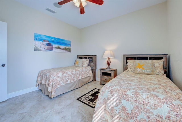 bedroom featuring a ceiling fan, visible vents, and baseboards