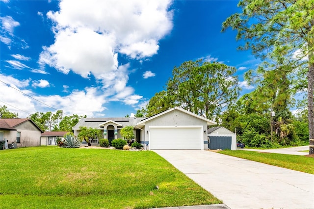 ranch-style home with a garage and a front yard