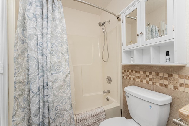 bathroom with backsplash, tile walls, toilet, and shower / bathtub combination with curtain