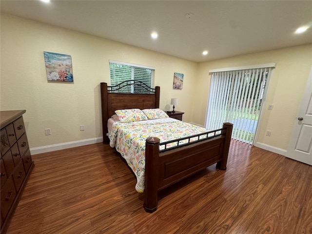 bedroom featuring recessed lighting, dark wood-type flooring, baseboards, and access to outside