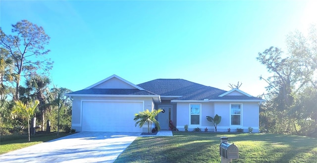 ranch-style house featuring a garage and a front lawn