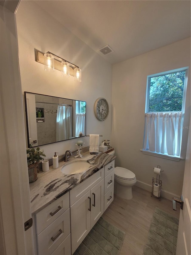 bathroom with hardwood / wood-style flooring, vanity, and toilet