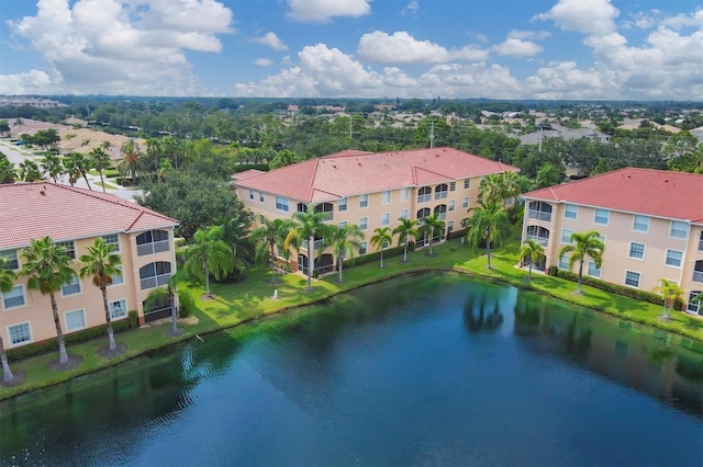 drone / aerial view featuring a water view