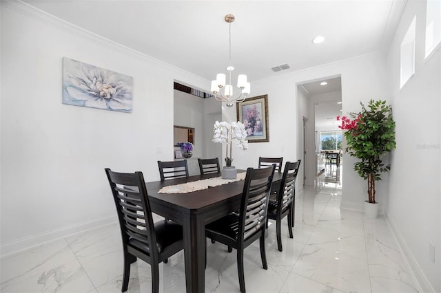 dining area featuring an inviting chandelier and ornamental molding