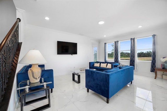 living room with crown molding