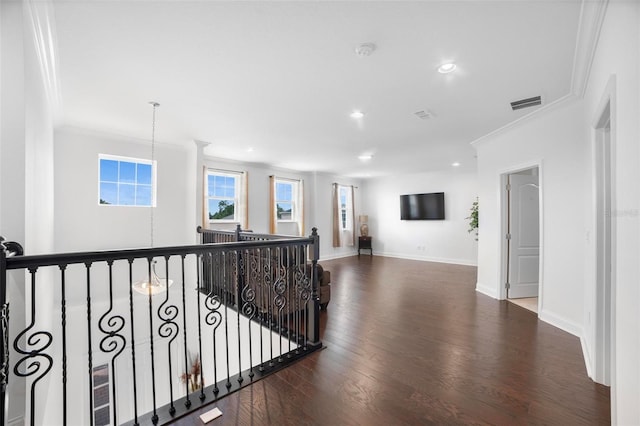 hallway featuring ornamental molding and dark hardwood / wood-style floors