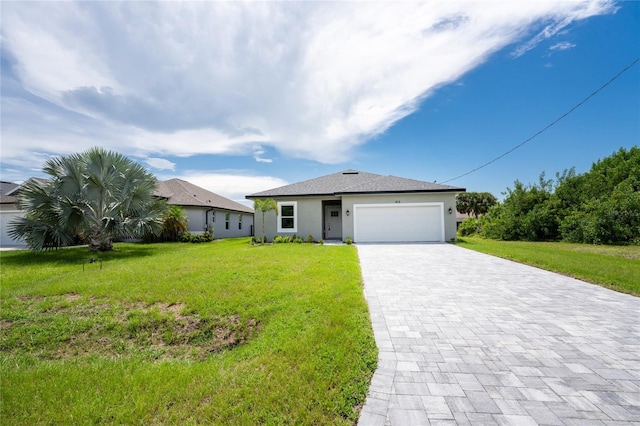 ranch-style house with a front yard and a garage